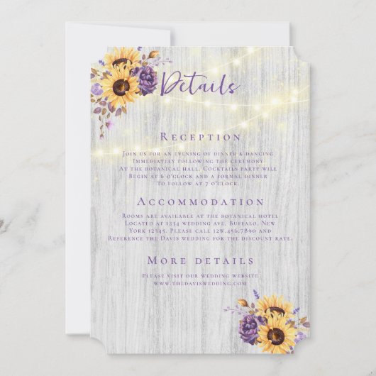 Invitation Spring Sunflower Purple Peony Détails du Mariage (Devant)