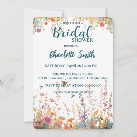 Invitation Spring Watercolor Birds Floral Monogram Wildflower (Devant)