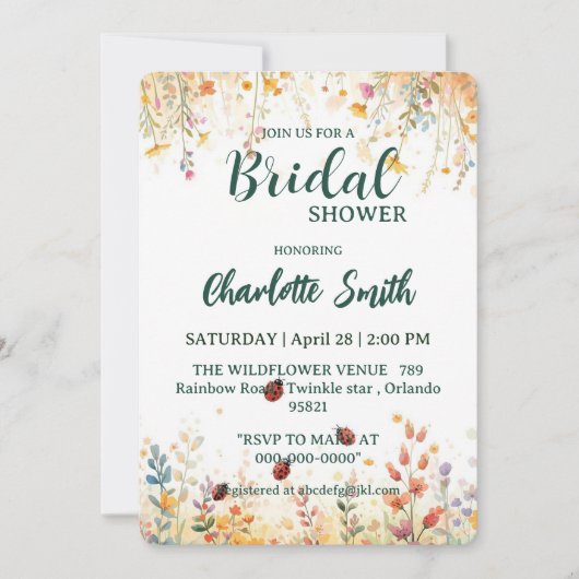 Invitation Spring Watercolor ladybug Floral Wildflower Name (Devant)