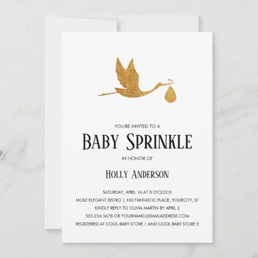 Invitation Sprinkle simple bébé Faux Gold Foil Stork w Bundle (Devant)