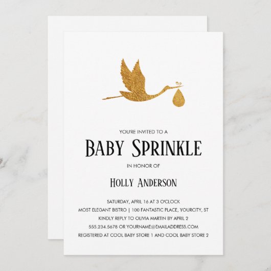Invitation Sprinkle simple bébé Faux Gold Foil Stork w Bundle (Devant / Derrière)
