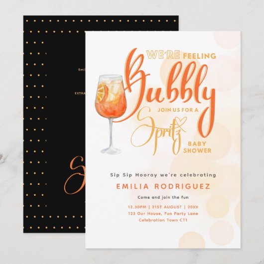 Invitation Spritz Baby shower garçon ou fille Black Orange (Devant / Derrière)
