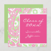 Invitation Sqare Pink Green Paisley Graduation/Fête (Devant / Derrière)