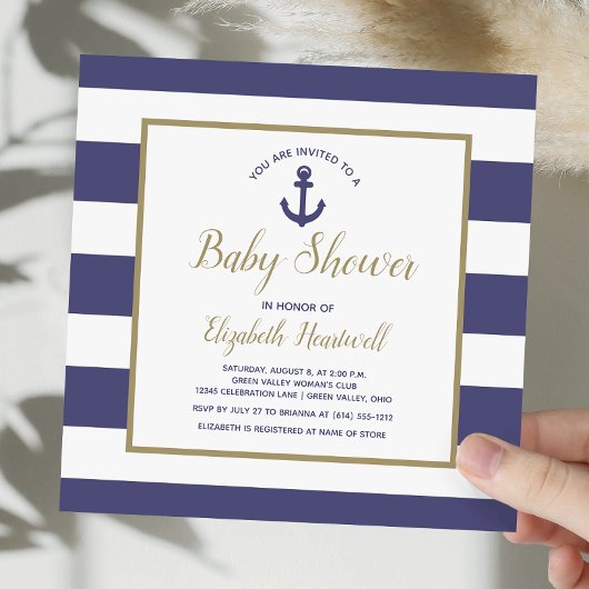 Invitation Square Nautical Navy Blue Anchor Boy Baby Shower