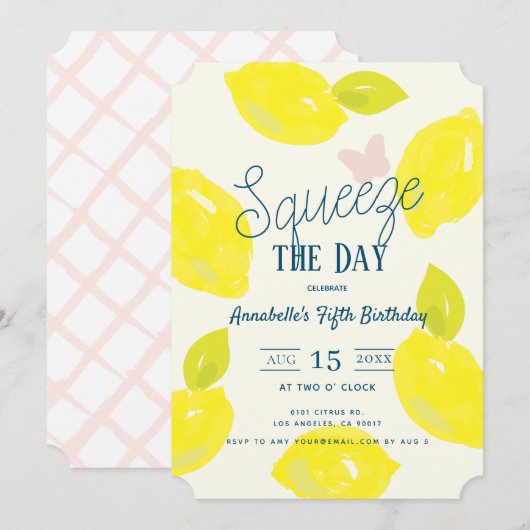 Invitation Squeeze Day Citron Citrus Girl Birthday (Devant / Derrière)