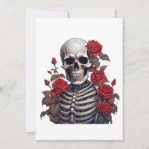 Squelette avec roses rouges