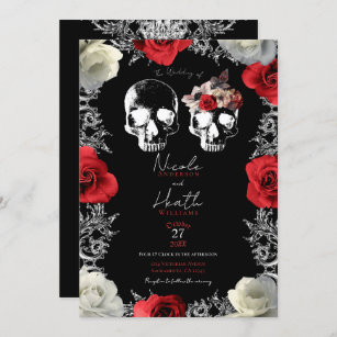Invitation Squelette Crâne Rouge Blanc Roses Mariage gothique