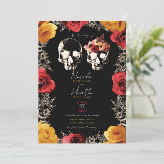 Invitation Squelette Crâne Rouge Chute Jaune Mariage floral (Debout devant)