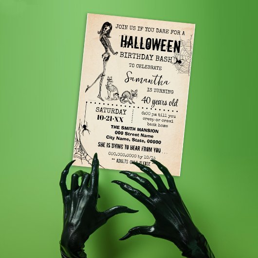 Invitation Squelette de Fille et Chats d'Halloween Anniversai