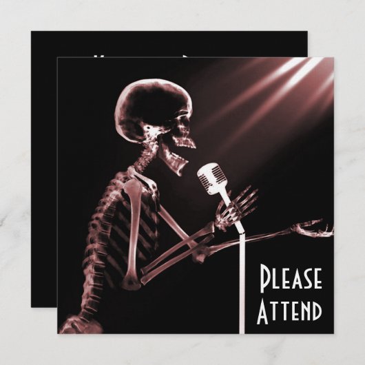 INVITATION SQUELETTE DE RAY X CHANTANT SUR RÉTRO MIC - ROUGE (Devant / Derrière)