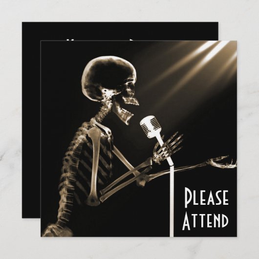 INVITATION SQUELETTE DE RAY X CHANTANT SUR RETRO MIC - SEPIA (Devant / Derrière)