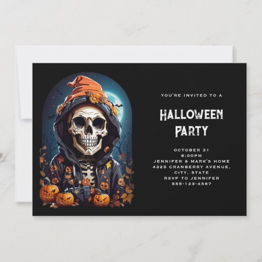 Invitation Squelette effrayant & citrouilles d'Halloween d'au (Devant)