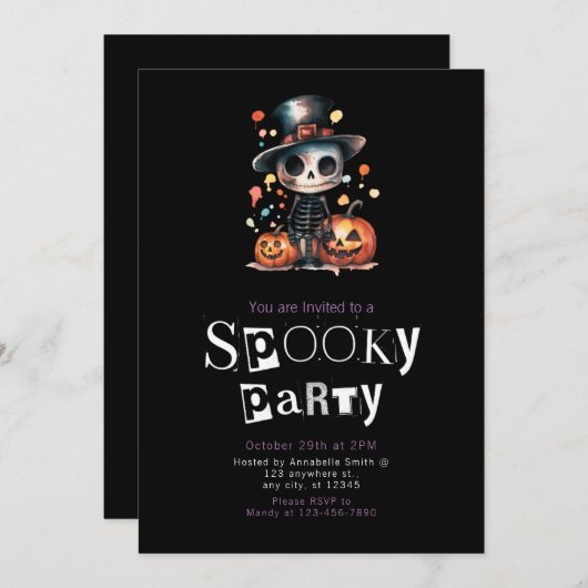 Invitation Squelette Ghoul mignon en haut Halloween Chapeau (Devant / Derrière)