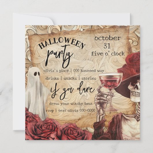 Invitation Squelette gothique et Halloween victorienne fantôm (Devant)