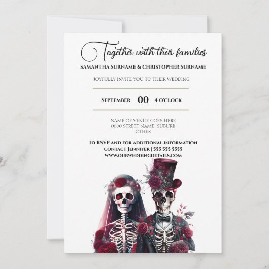 Invitation Squelette gothique mort marié marié bordeaux blanc (Devant)