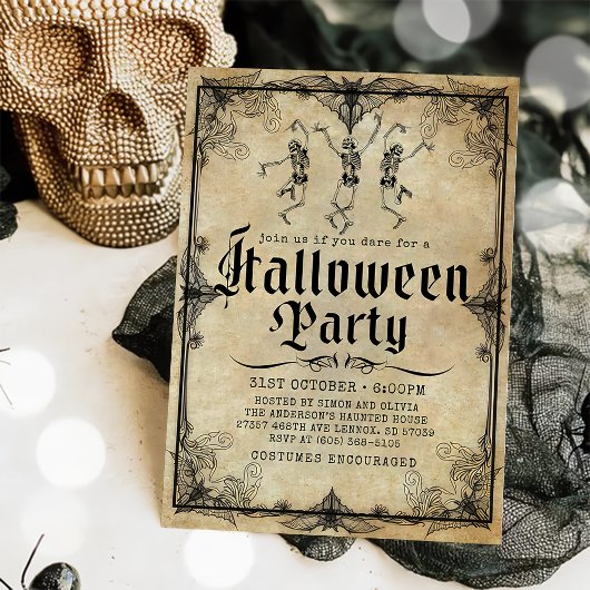 Invitation Squelette gothique vintage Fête d'Halloween pour a