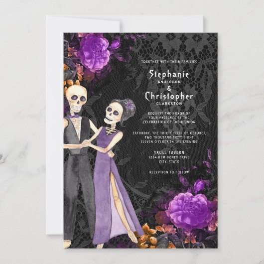 Invitation Squelette gothique Violet Floral Halloween Mariage (Devant)