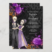 Invitation Squelette gothique Violet Floral Halloween Mariage (Devant / Derrière)