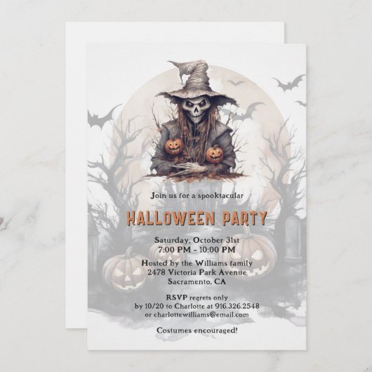 Invitation Squelette Jack-O-Lanterns Bats Lune Halloween Part (Devant / Derrière)