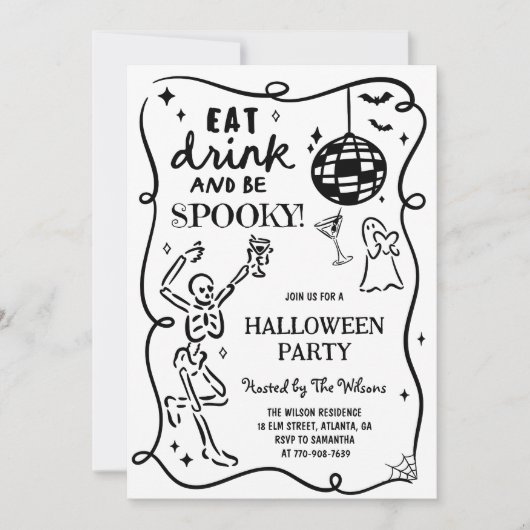 Invitation Squelette tiré à la main Halloween Éffrayant (Devant)