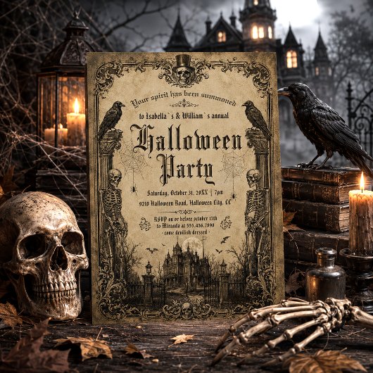 Invitation Squelettes effrayants Corbeaux Maison hantée Hallo