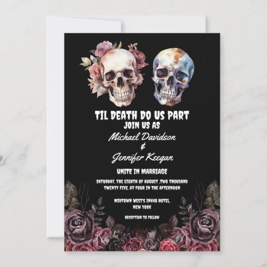 Invitation squelettes halloween gothique floral mariage noir (Devant)