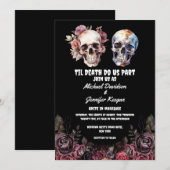 Invitation squelettes halloween gothique floral mariage noir (Devant / Derrière)
