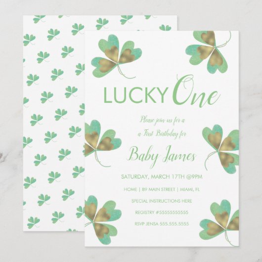 Invitation St. Patrick Chanceux 1er Anniversaire Trèfles (Devant / Derrière)