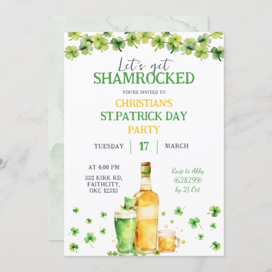 Invitation St Patrick Day Let's Get Shamrocked Party (Devant / Derrière)