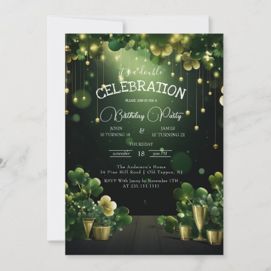Invitation St. Patrick Double fête d'anniversaire trèfle vert (Devant)