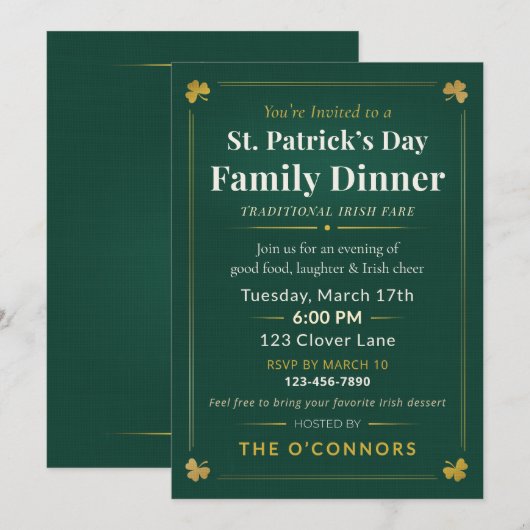 Invitation St. Patrick’s Day Family Dinner Traditional Irish  (Devant / Derrière)