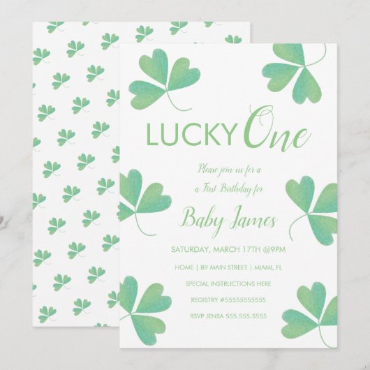 Invitation St. Patricks Chanceux 1er Anniversaire Trèfle (Devant / Derrière)