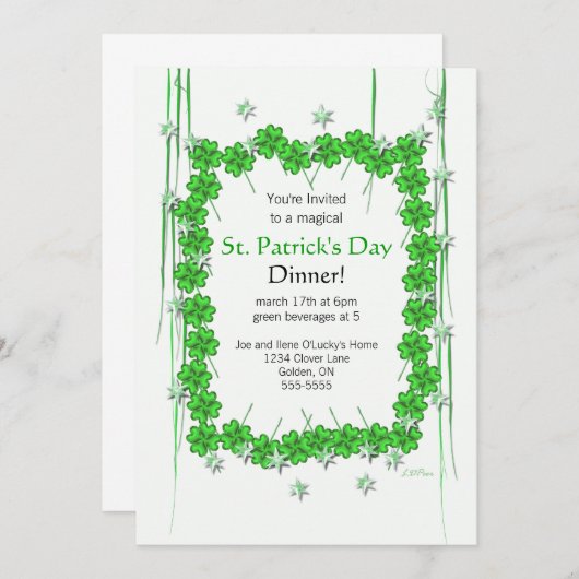 Invitation St. Patrick's Day 4-Leaf Clover and Stars (Devant / Derrière)