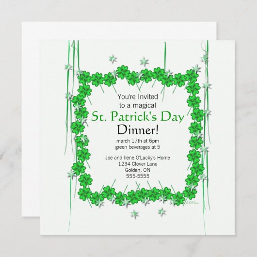 Invitation St. Patrick's Day 4-Leaf Clover and Stars (Devant / Derrière)
