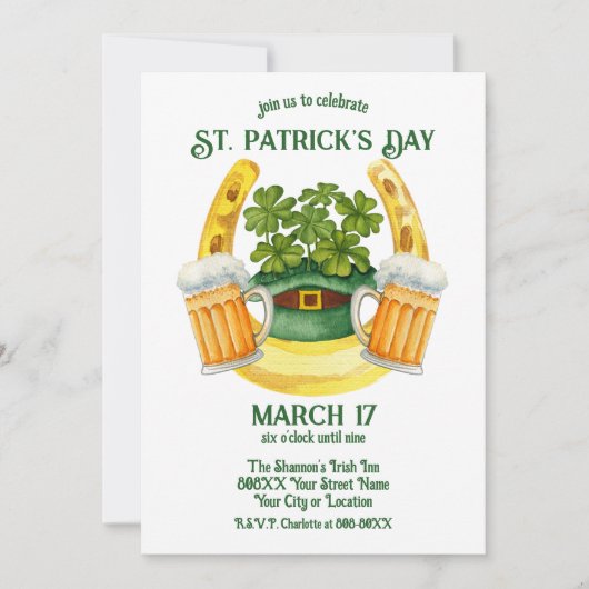 Invitation St. Patrick's Day Beer Mugs et Lucky Horseshoe (Devant)