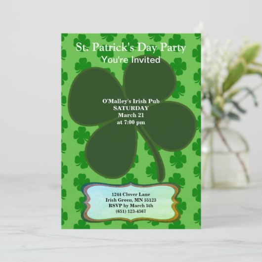Invitation St. Patrick's Day Party Four Leaf Clover & Motif (Debout devant)