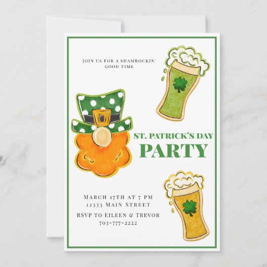 Invitation St Patrick's Day Party Leprechaun Bières Shamrocks (Devant)