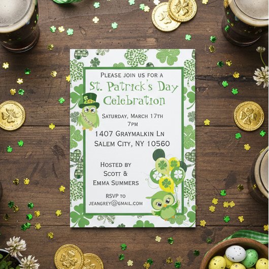 Invitation St. Patricks Day Party Shamrock Chouette verte