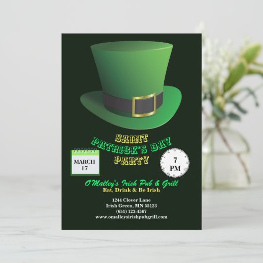 Invitation St Patrick's Day Party Vert Casquette & Shamrock (Debout devant)