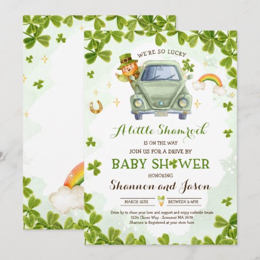 Invitation St Patrick's Little Shamrock Drive By Baby shower (Devant / Derrière)