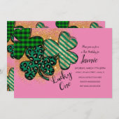 Invitation St. Patricks Lucky 1er Anniversaire Rose Green (Devant / Derrière)