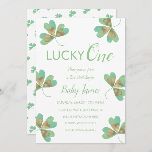 Invitation St. Patricks Lucky 1er anniversaire Shamrocks (Devant / Derrière)