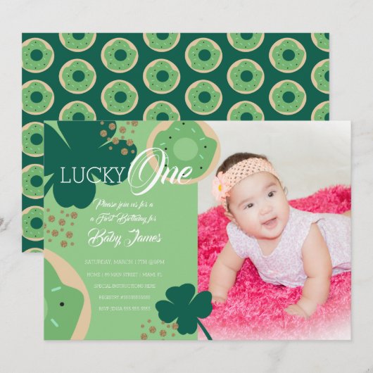 Invitation St. Patricks Lucky First Birthday Donut Photo (Devant / Derrière)