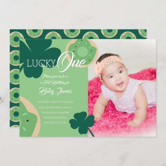 Invitation St. Patricks Lucky First Birthday Donut Photo (Devant / Derrière)