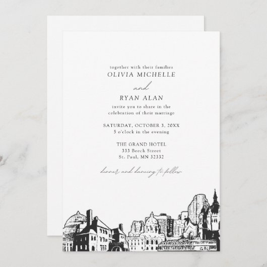 Invitation St Paul Skyline moderne Mariage noir et blanc (Devant / Derrière)