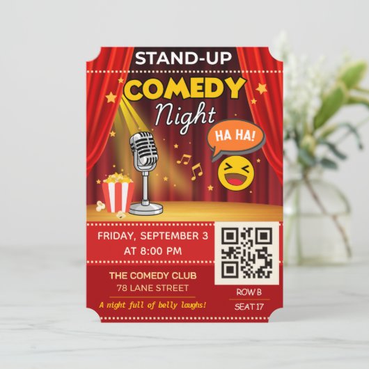 Invitation Stand-Up Comedy Night Ticket | QR Code Invite (Debout devant)
