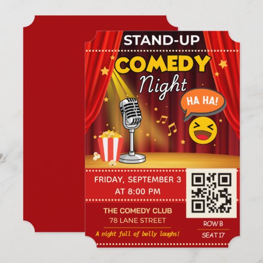 Invitation Stand-Up Comedy Night Ticket | QR Code Invite (Devant / Derrière)