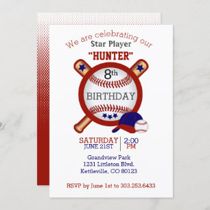 Invitation Star Baseball Player Anniversaire - Rouge foncé et