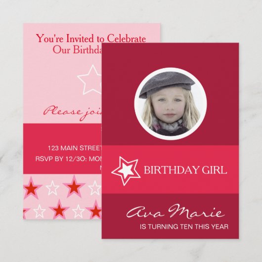 Invitation Star Birthday Girl Photo (Devant / Derrière)