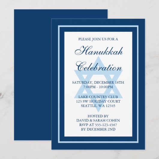 Invitation Star Bleue De La Fête De David Hanoukka (Devant / Derrière)